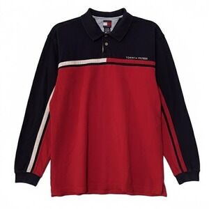Tommy Hilfiger Mens Long Sleeve Polo Shirt Red Navy White‎ Color Block Sz XL